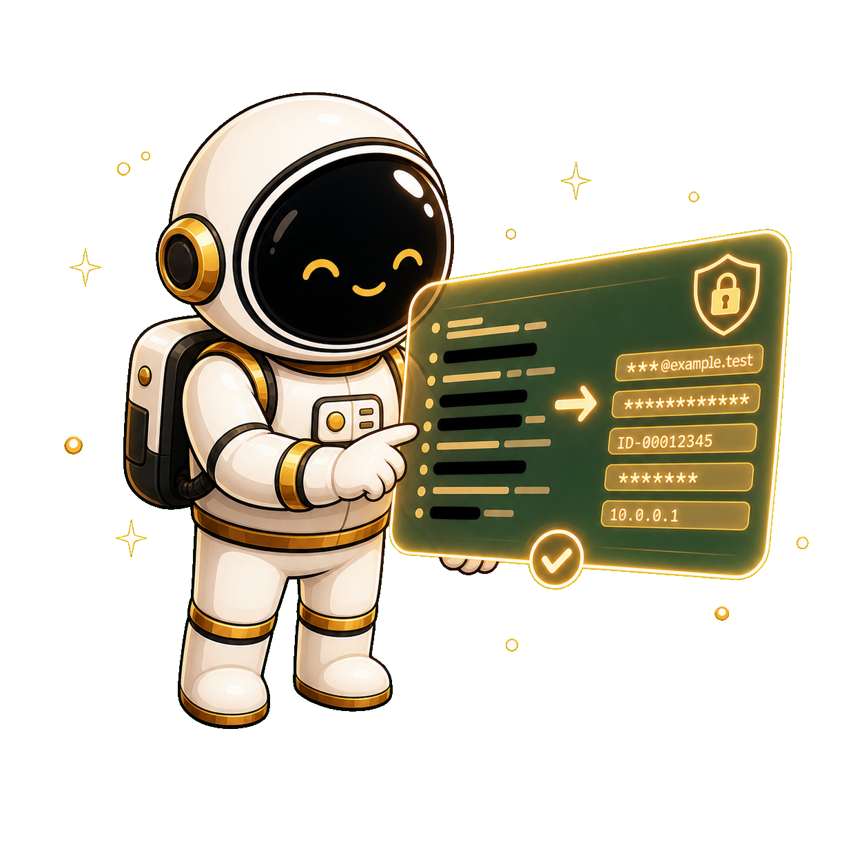 Asyncronaut mascot reviewing a holographic anonymization panel with privacy-safe replacements