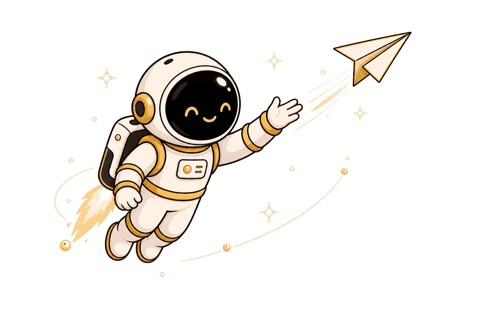 Asyncronaut mascot floating in space and launching a paper airplane signal