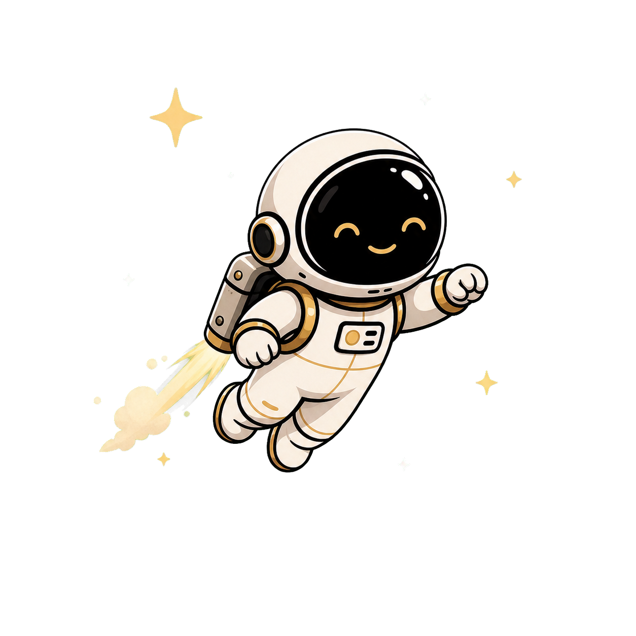 Asyncronaut mascot drifting forward with a gentle booster trail