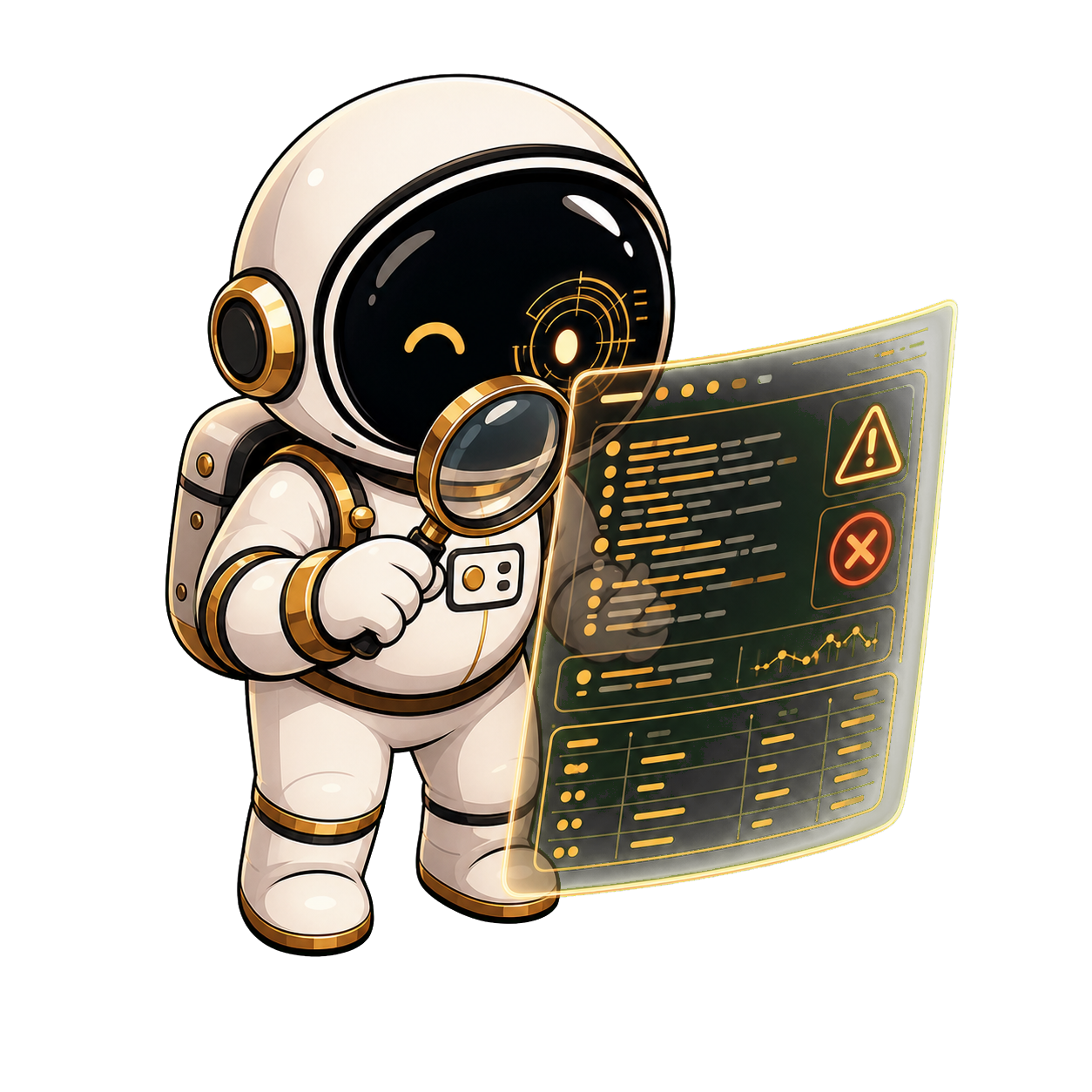 Asyncronaut mascot inspecting a holographic debug log panel with a magnifier