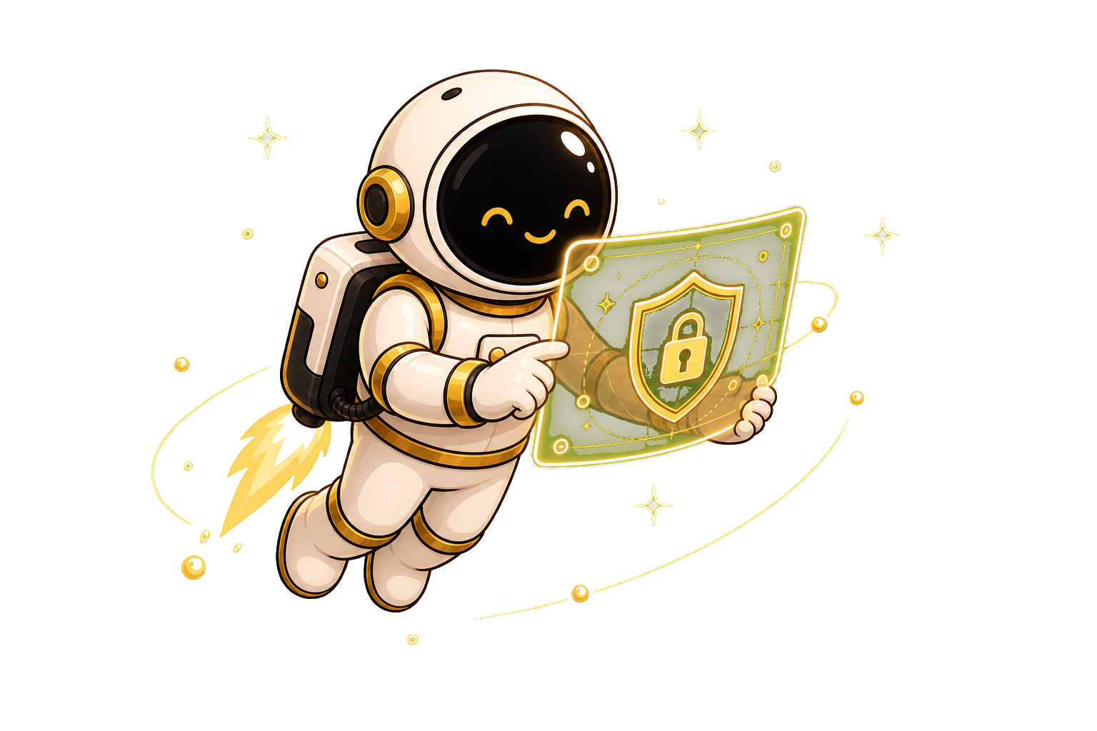 Asyncronaut mascot presenting a glowing privacy shield interface while floating through orbital accents