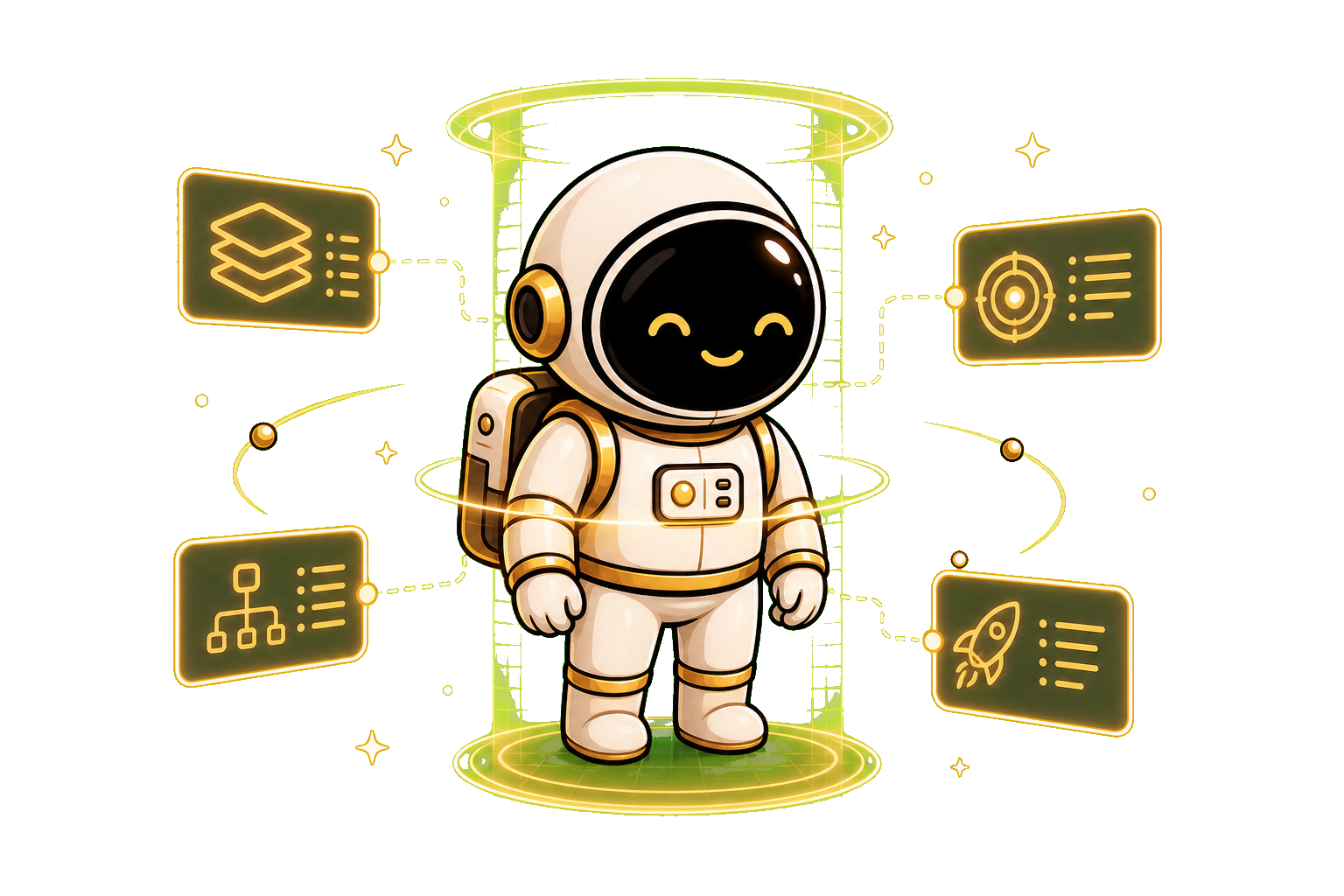 Asyncronaut mascot in an operator dossier scan with structured architectural callouts