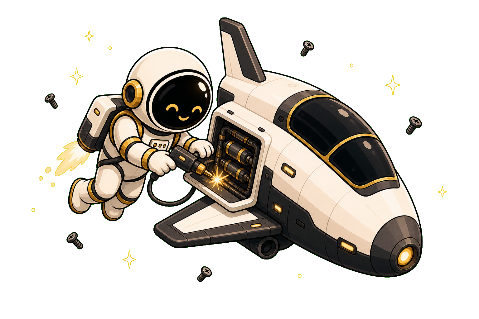 Asyncronaut mascot operating a compact mission-control console with floating developer tools