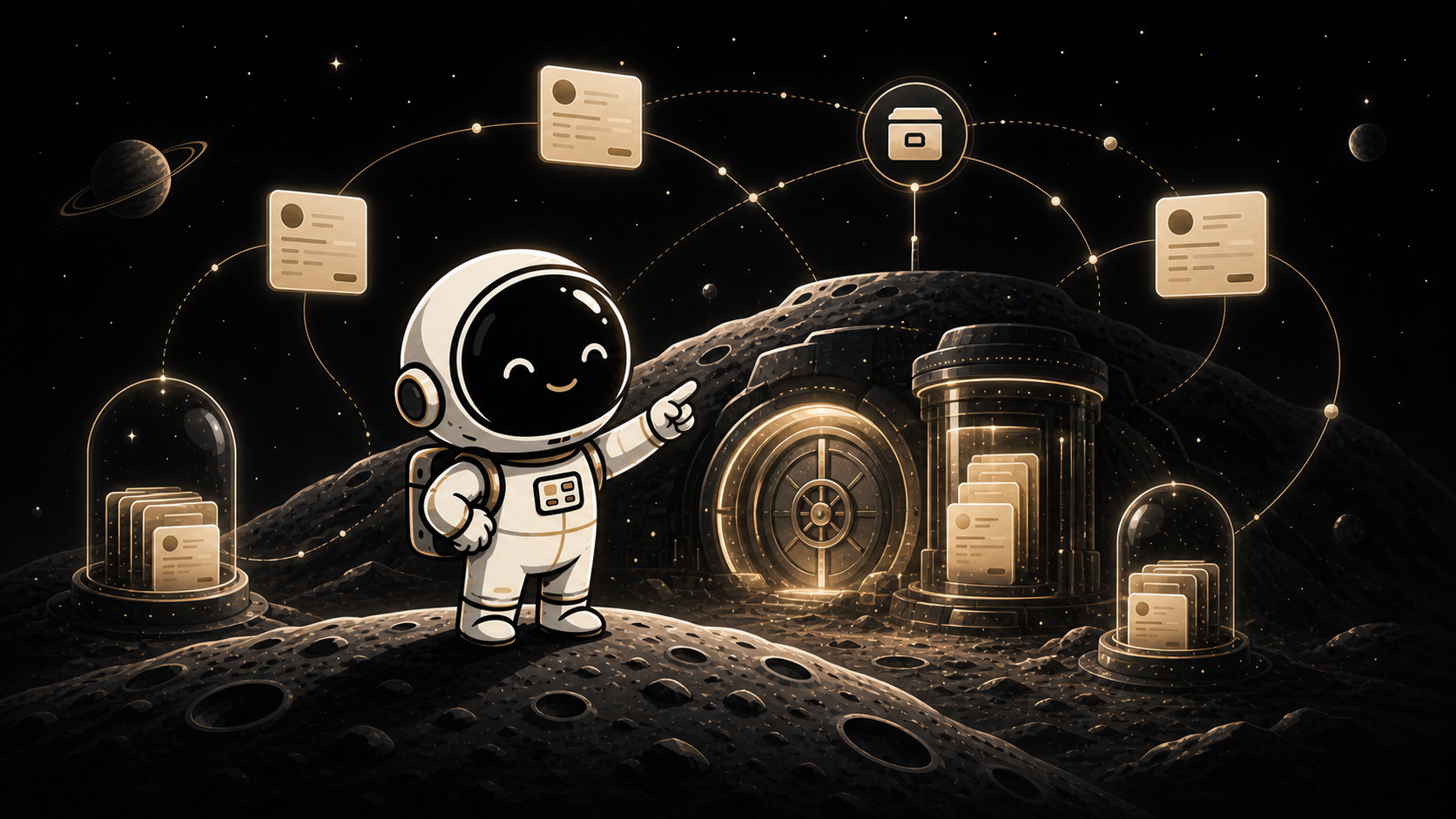 Asyncronaut mascot beside a glowing lunar data archive vault with preserved records