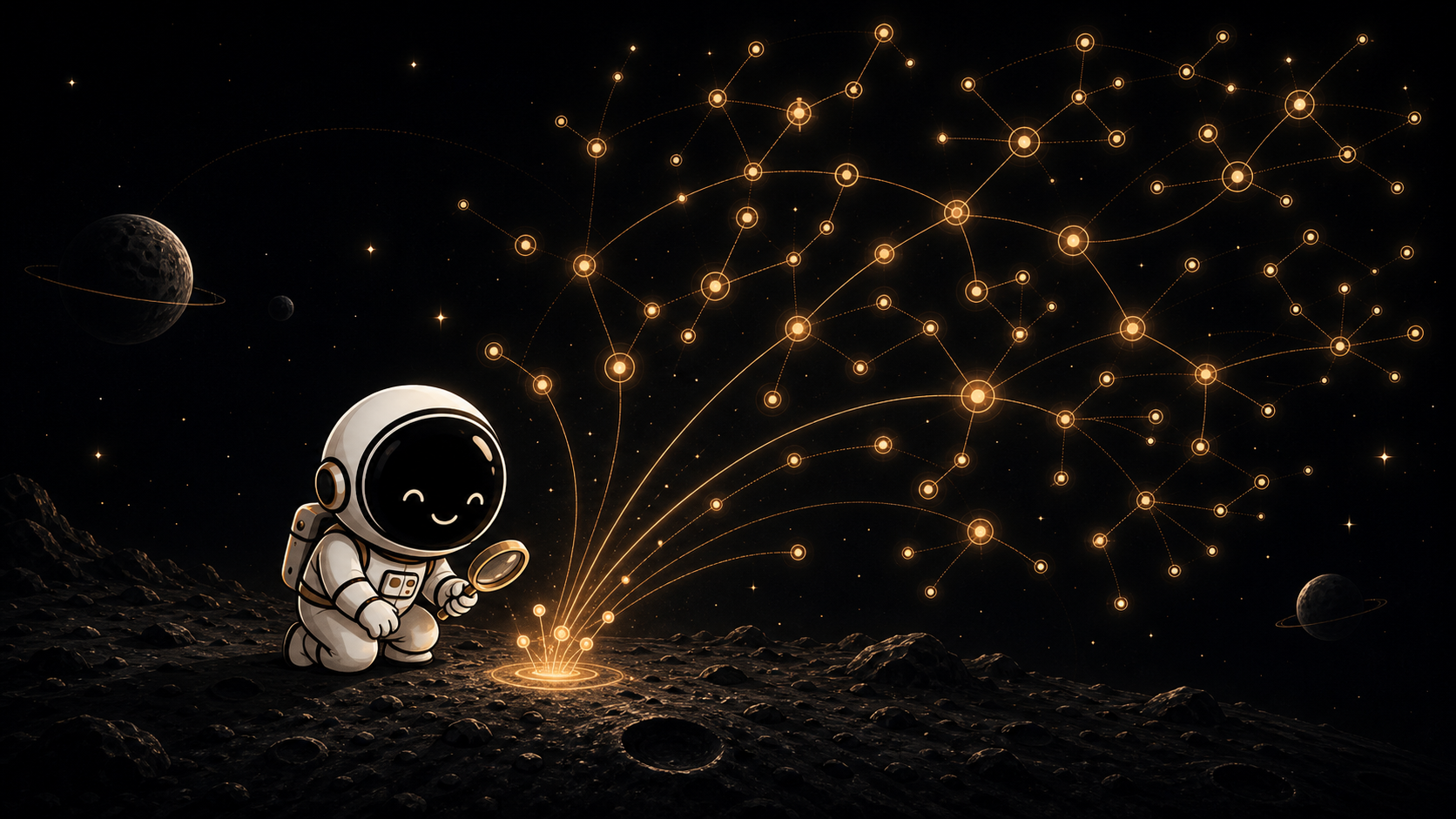 Asyncronaut mascot observing Salesforce records spreading into a large connected data graph, representing transaction fan-out and automation blast radius