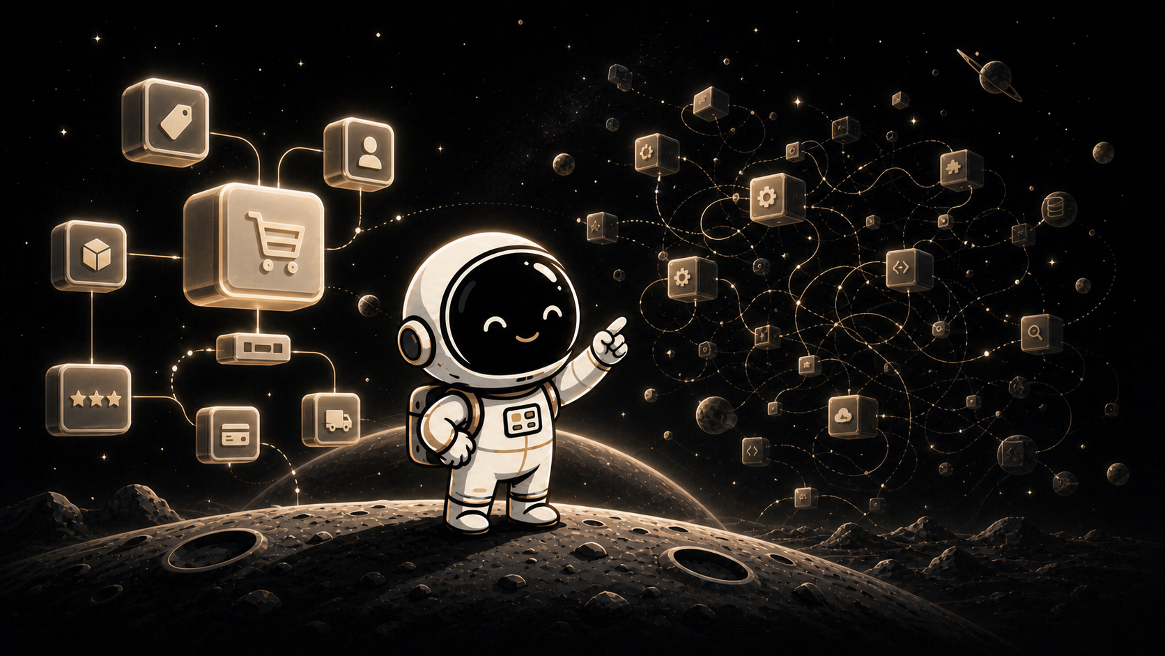 Asyncronaut mascot between a clean modular commerce system and a tangled web of composable integrations