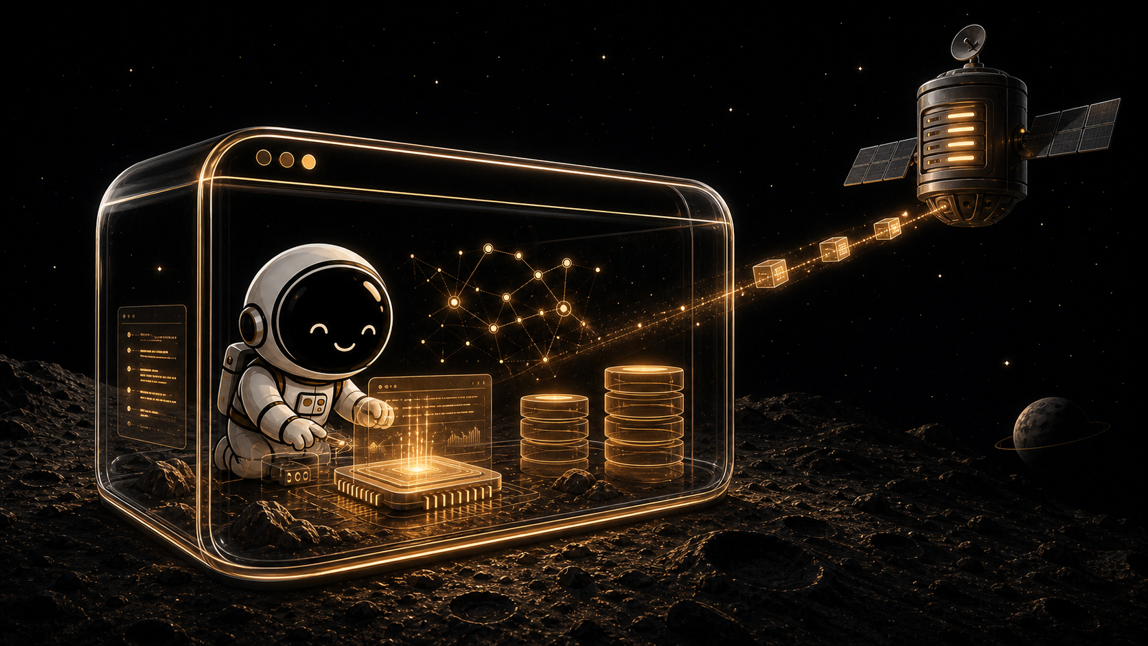 Asyncronaut mascot working with logs, databases, and a processing core inside a glowing browser-local workspace while a distant server delivers application assets