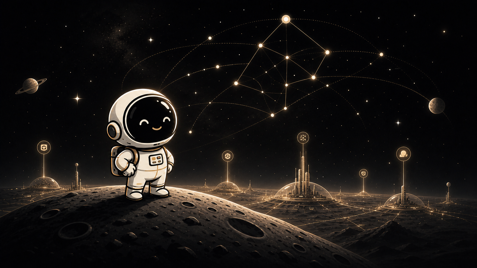 Asyncronaut mascot overlooking a futuristic moon colony beneath a glowing architecture constellation