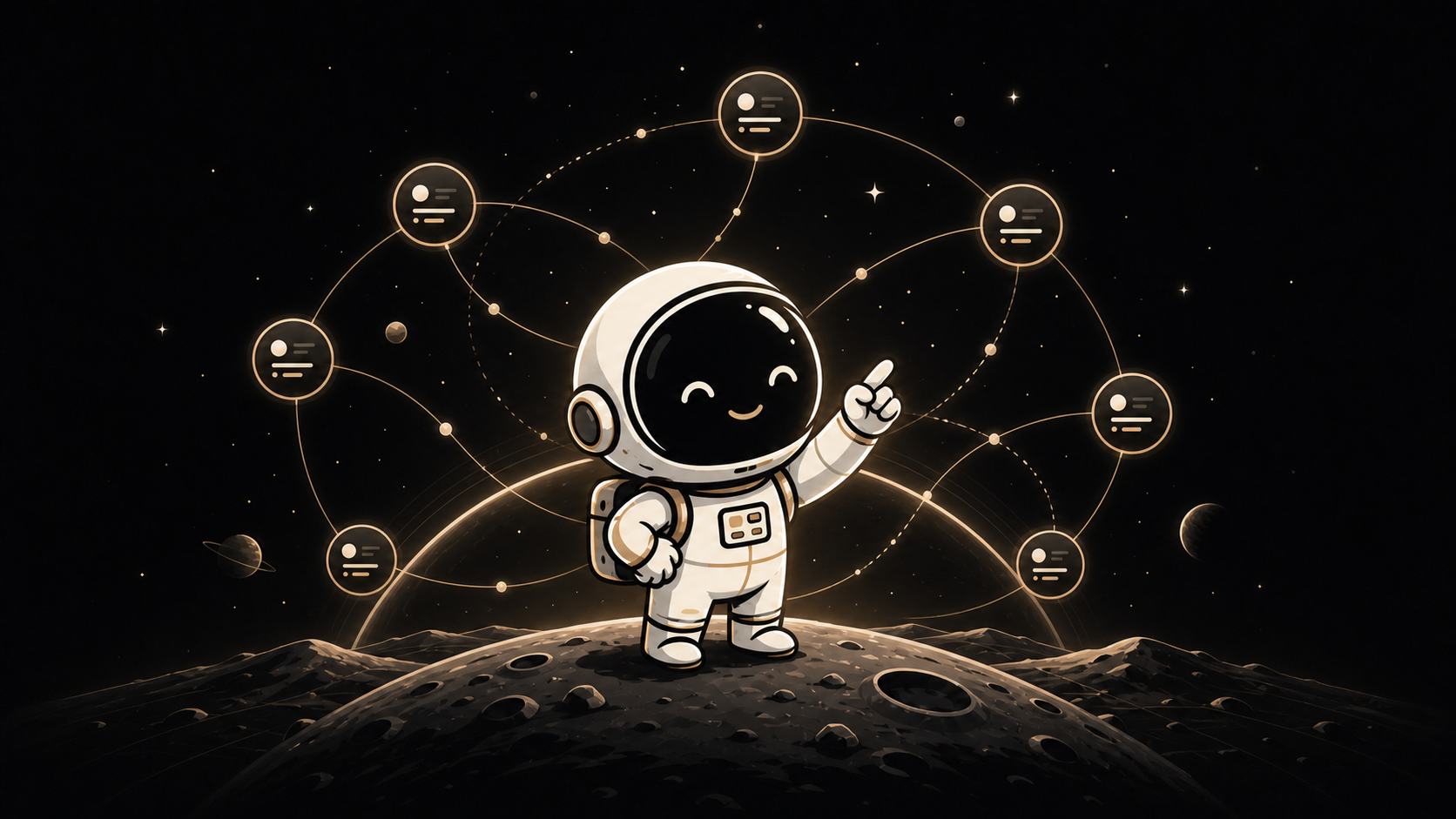 Asyncronaut mascot on a moon landscape surrounded by glowing linked records