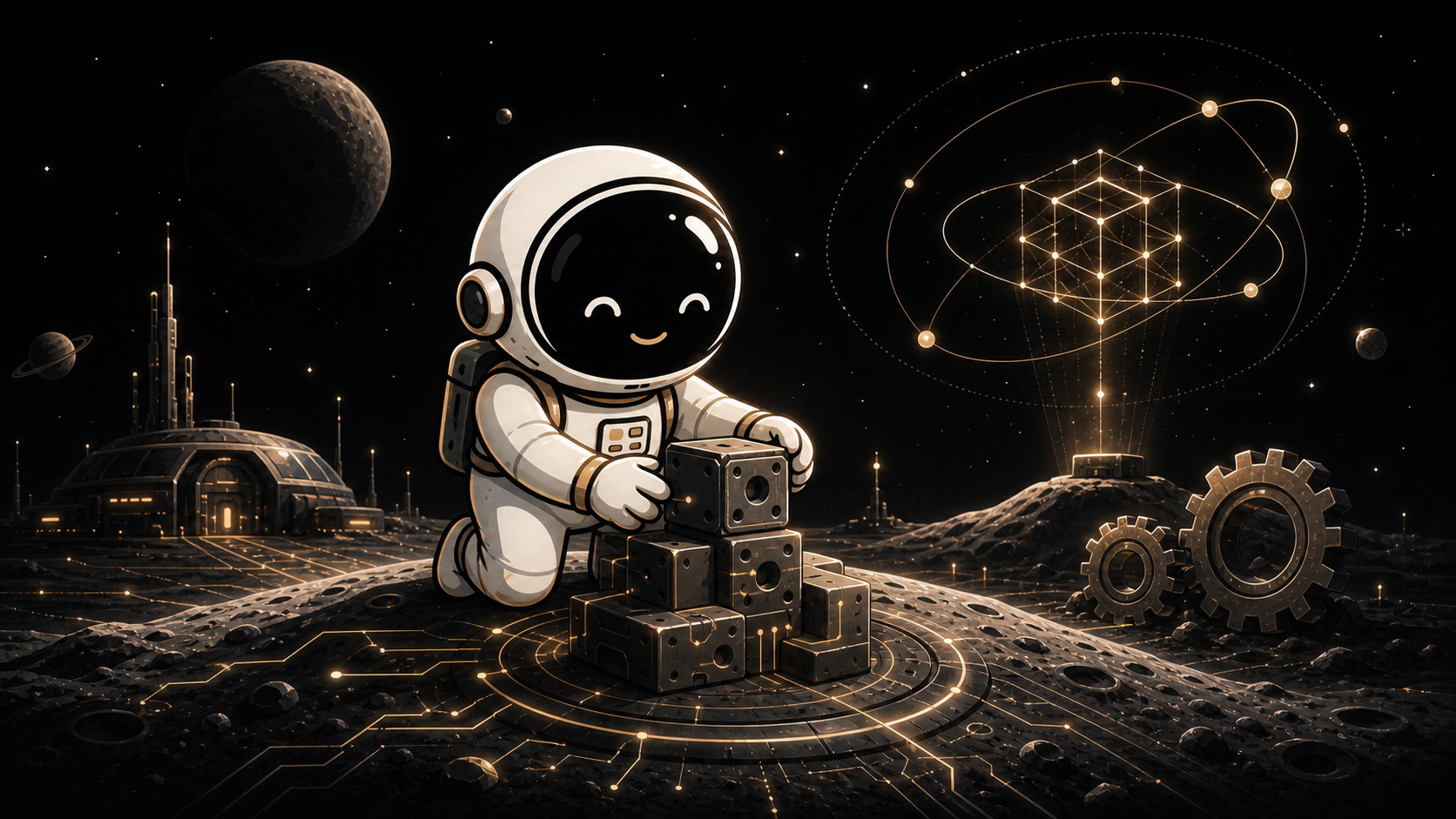 Asyncronaut mascot assembling stable glowing system blocks on a moon landscape