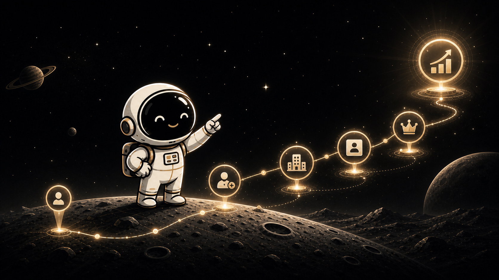 Asyncronaut mascot guiding a glowing path from lead capture to revenue milestones