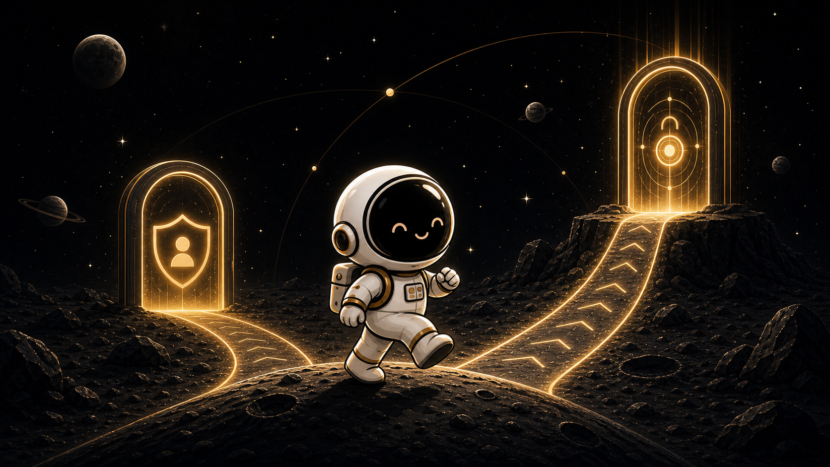 Asyncronaut mascot on a moon landscape choosing between glowing user mode and system mode access paths around a Salesforce data gateway