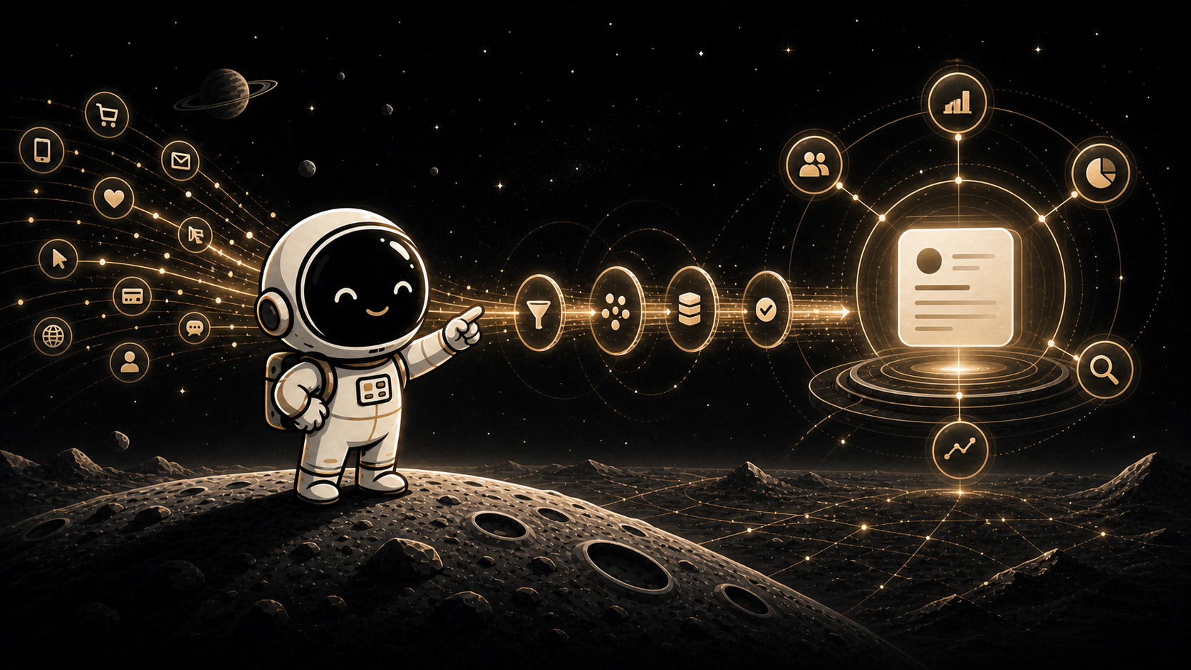 Asyncronaut mascot guiding a glowing customer event stream into a structured Salesforce integration hub