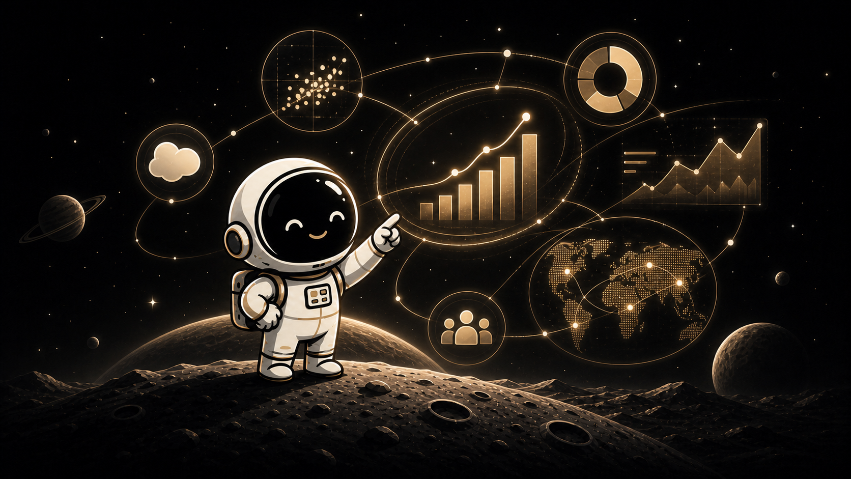 Asyncronaut mascot surrounded by glowing analytics charts and Salesforce data visualizations